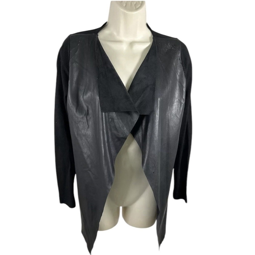 Zara Knit Black Vegan Leather Open Front Waterfall Cardigan‎ Sweater Jacket S